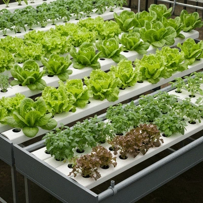 Different types of plants thriving in an aquaponics setup