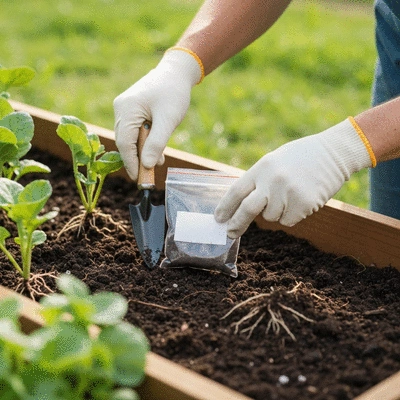 Gardener collecting soil samples in a garden with clean tools and small bags
