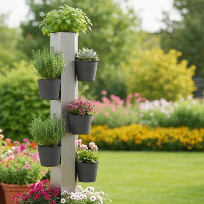 Outdoor vertical plant stand with various potted plants