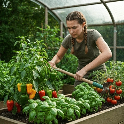 Gardener tending to raised garden bed with a hoe
