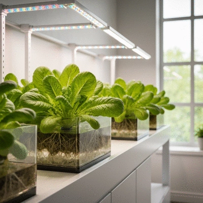 Hydroponic system growing leafy greens indoors with bright grow lights