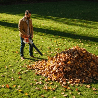Person using a leaf blower to clear leaves in a garden