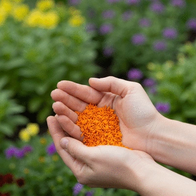 Hands carefully handling a handful of marigold seeds, ready for planting