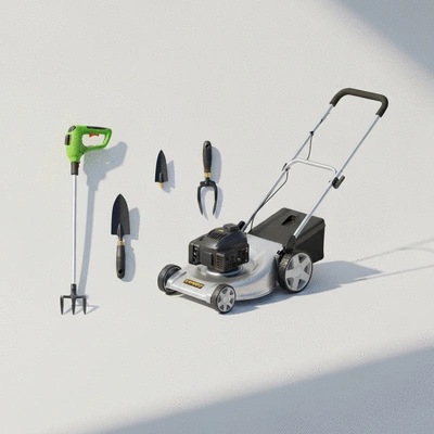 Arrangement of essential lawn care tools like a string trimmer, small lawn mower, and hand tools on a clean background