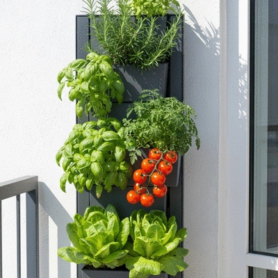 Modern upright garden planter with various herbs and vegetables growing in a compact urban balcony setting