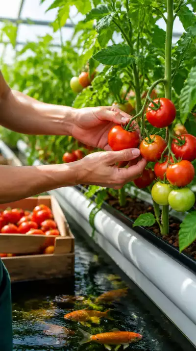 Harvesting ripe aquaponic tomatoes