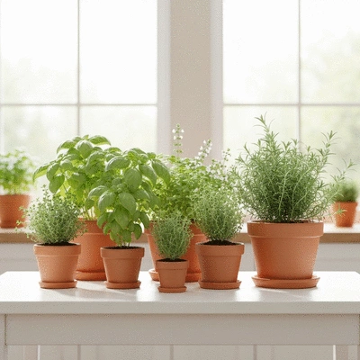 Herbs growing in pots on a kitchen table