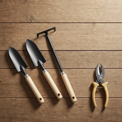 Assortment of small, affordable garden tools neatly arranged on a wooden background