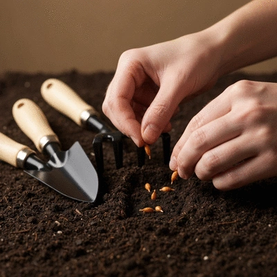 Close-up of onion seeds being gently placed into soil in a small pot