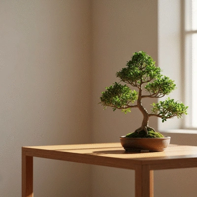 Small, healthy indoor bonsai tree on a minimalist wooden table, bathed in soft, indirect sunlight, no text, no words, no typography, clean image