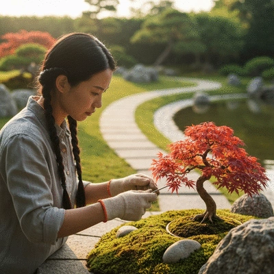 User nurturing a bonsai tree in a serene garden setting