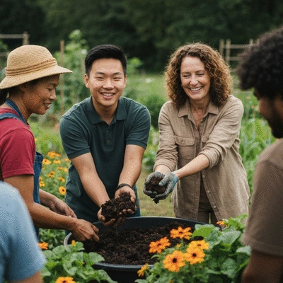People sharing compost in a community garden setting
