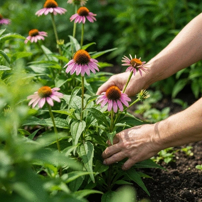 Gardener tending to echinacea plants, no text, no words, no typography, clean image
