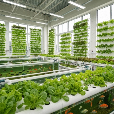 Modern urban aquaponics farm with vertical plant beds and fish tanks