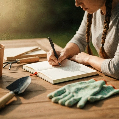 Person taking notes in a gardening journal, surrounded by gardening tools