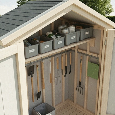 Overhead storage in a small garden shed with labeled bins and hooks