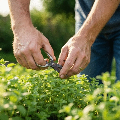 Gardener's hands gently pruning a healthy herb plant with small shears