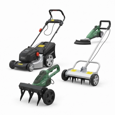 Assortment of modern lawn care tools including a lawn mower, an edger, and an aerator, on a clean background, no text, no words, no typography, no labels, clean image