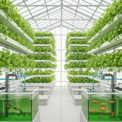 Aquaponics greenhouse interior with fish tanks and lush plants