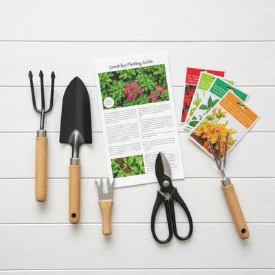 Various gardening tools and a planning guide laid out on a clean, bright surface