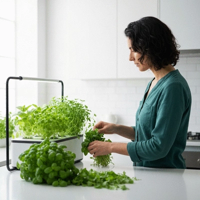 Person harvesting herbs from a compact indoor hydroponic system