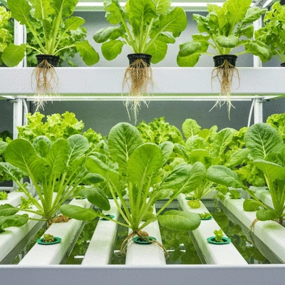 Hydroponic setup with leafy green plants growing in water, clean image, no text