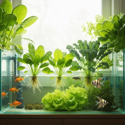 Aquaponics home garden setup with leafy greens and fish tank