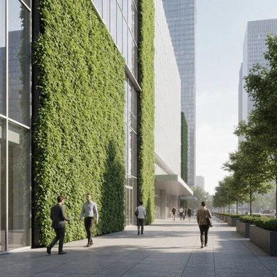 Lush outdoor green wall on a modern city building, with people walking by, sunny day