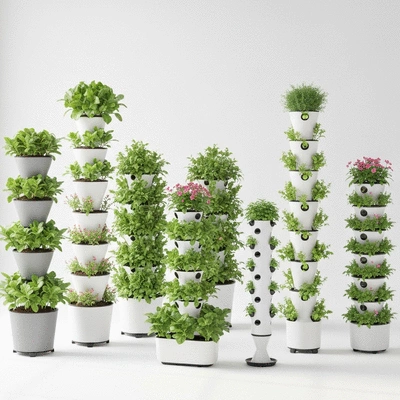 Various types of plant towers, including stackable planters and hydroponic models, in an indoor garden setting, clean image
