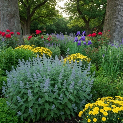 Illustration of a thriving garden with Nepeta Catmint in the foreground