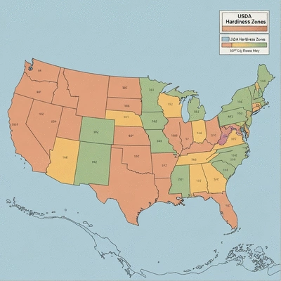 Detailed map of USDA Hardiness Zones with various color-coded regions