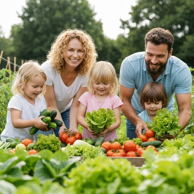 Happy family harvesting organic vegetables from a home garden, bright natural light, no text, no words, no typography, clean image
