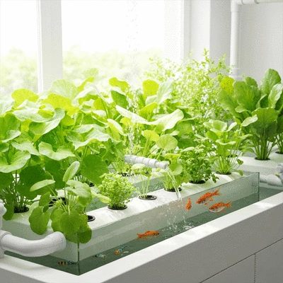 Indoor aquaponics system with plants and fish