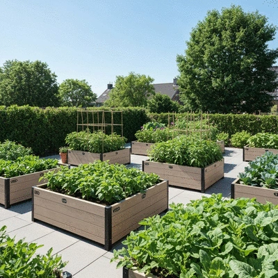 Modern backyard garden with Vego raised beds, healthy plants