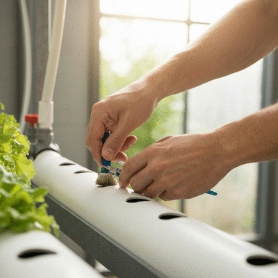 Close-up of hands performing maintenance on an aquaponics system