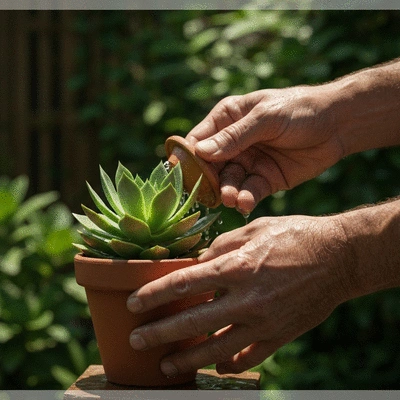 Close-up of hands watering a small, healthy plant in a pot, demonstrating minimal care