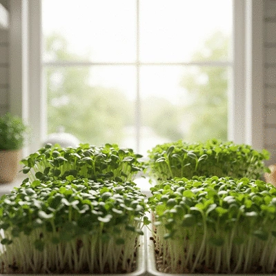 Microgreens growing in a bright kitchen setting, showcasing various types like radish and sunflower, no text, no words, no typography, clean image
