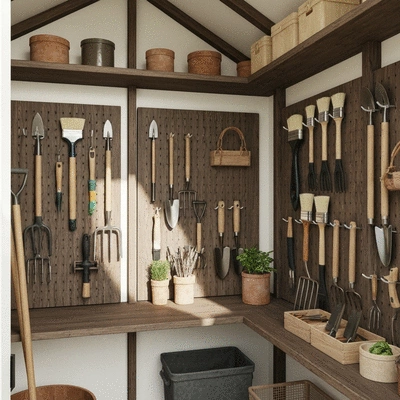 Well-organized garden shed interior with tools neatly hung on pegboards and shelves