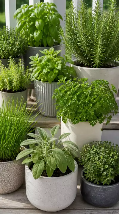 Container herb garden setup with pots and herbs