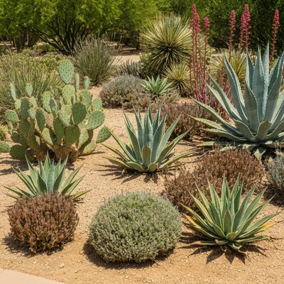 Desert garden with drought-tolerant plants thriving, bright sunlight