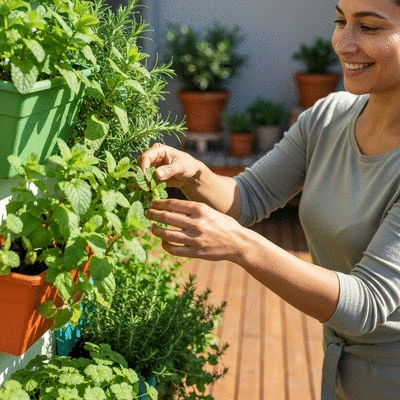 Gardener tending to a thriving vertical herb garden on a sunny patio
