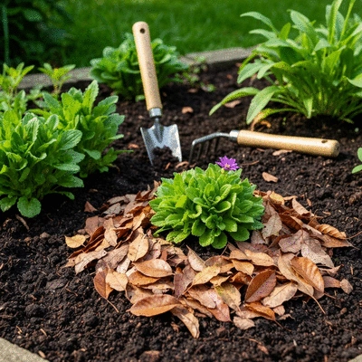 Mulched leaves enriching garden soil with gardening tools in the background