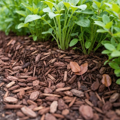 Close-up of organic mulch (wood chips, leaves) spread around the base of healthy plants in a garden bed, indicating soil enrichment and moisture retention. no text, no words, no typography, no labels, clean image