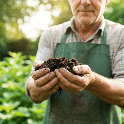 Close-up of nutrient-rich compost in a gardener's hands