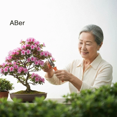 User caring for azalea bonsai in a garden