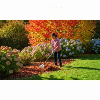 Gardener raking leaves in a fall garden