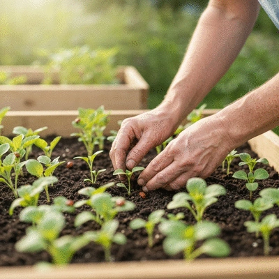 Gardener's hands tending to plants, illustrating natural pest control methods