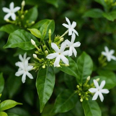 Close-up of star jasmine flowers and glossy green leaves