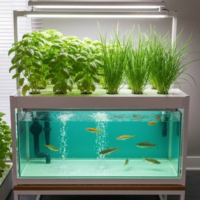 A small aquaponics system with leafy green plants growing from a grow bed above a fish tank, showing the symbiotic relationship, no text, no words, no typography, 8K