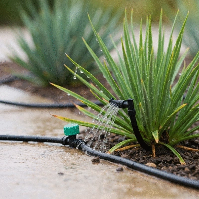 Close-up of a drip irrigation system watering a plant in a drought-resistant garden